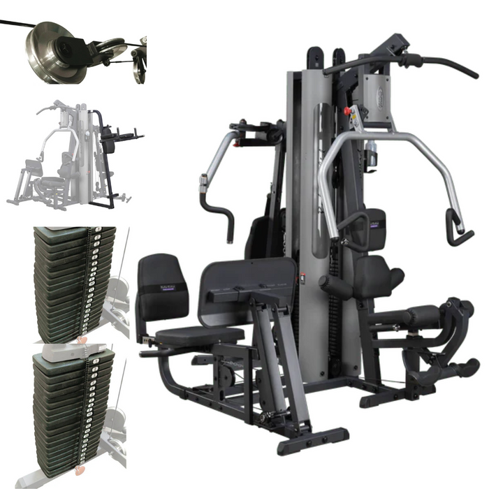 Gym equipment bundle with various machines and weights on a white background