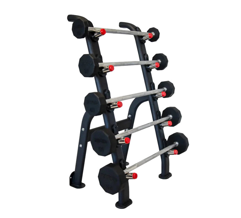 TKO Rubber Fixed Curl and Straight Barbell Set w/ 5 Bar Barbell Rack