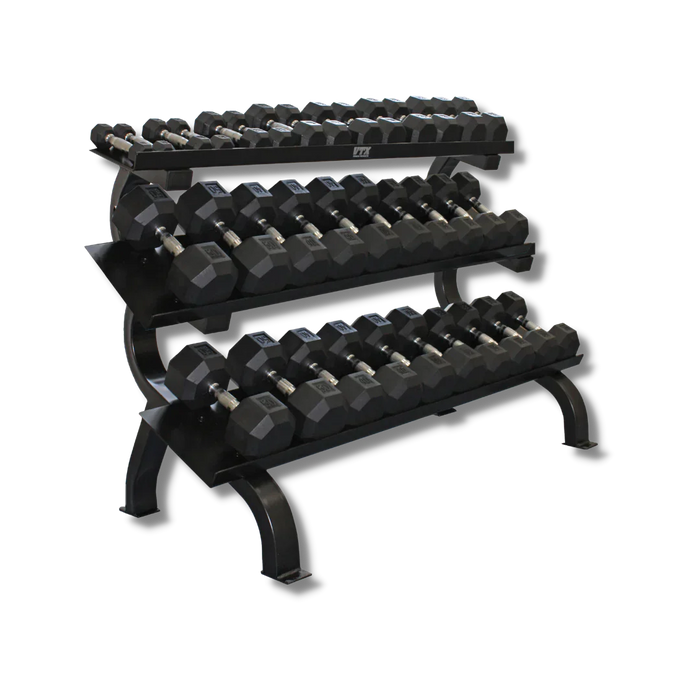 VTX (5-75lbs) 8-Sided Rubber Dumbbell Set with 3 Tier Shelf Rack - VERTPAC-SDR75