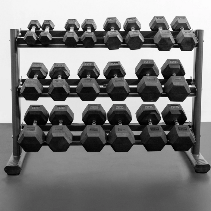 BodyKore 5-50 LB Rubber Hex Dumbbell Sets w/ G241 Rack