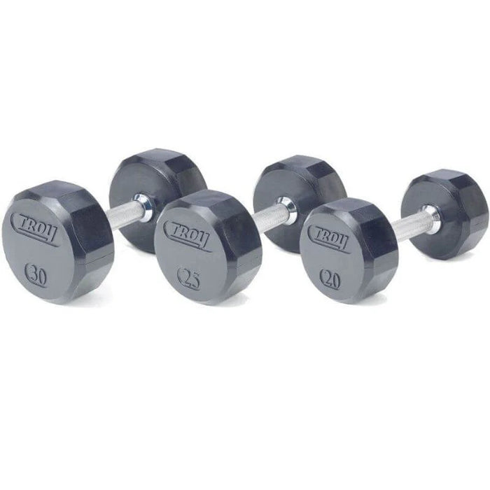 TROY 12 Sided Rubber Encased Dumbbell Set with Storage Rack (5-50lbs) COMMPAC-TSDR50