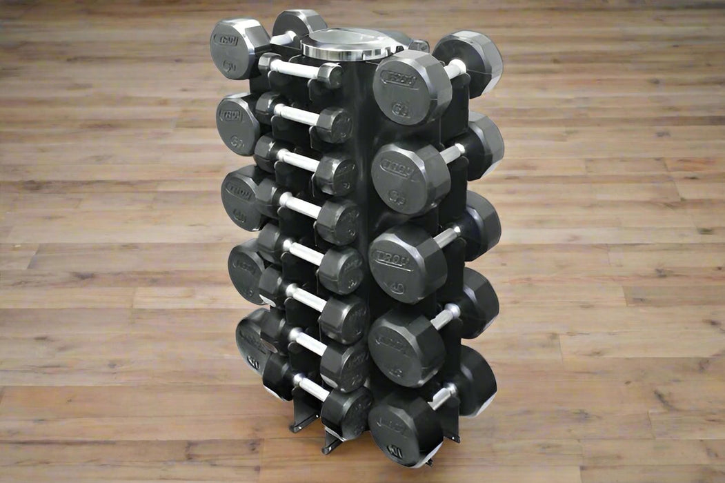 TROY 12 Sided Vertical Rubber Dumbbell Set (3-50lbs) - VERTPAC-TSDR50G