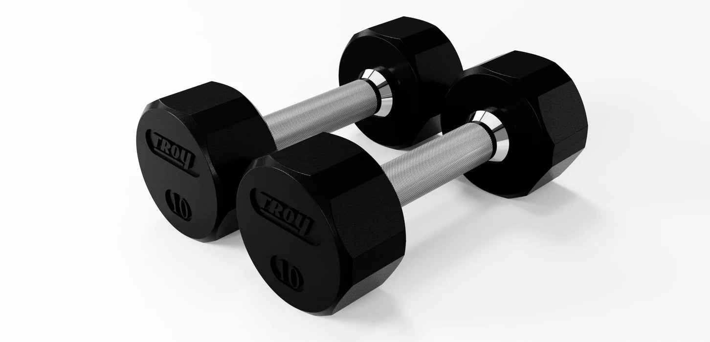 TROY 12 Sided Rubber Encased Dumbbell Set with Storage Rack (5-100lbs) COMMPAC-TSDR100