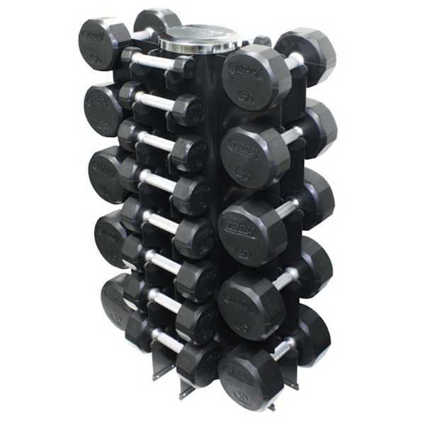 Troy Barbell 3-50 lb 12-Sided Rubber Dumbbell Set with Vertical Rack