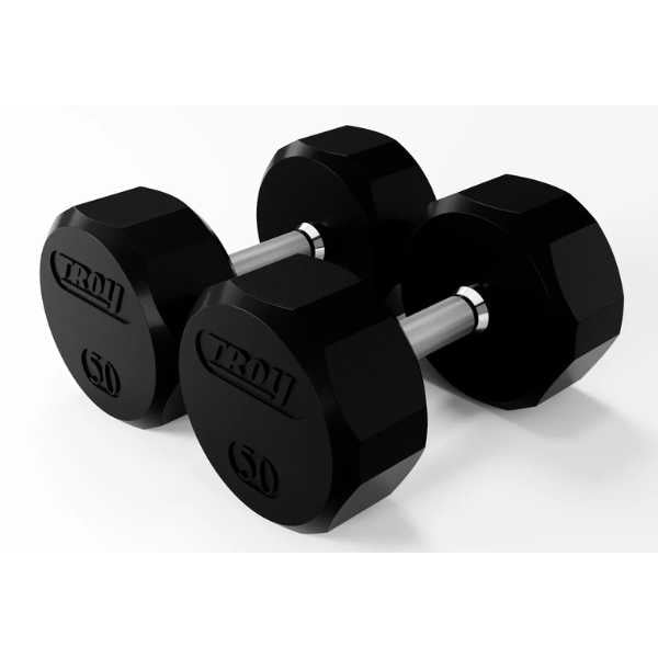 Troy Barbell 3-50 lb 12-Sided Rubber Dumbbell Set with Vertical Rack