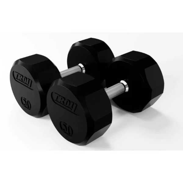 Troy Barbell 5-75lbs 12-Sided Rubber Dumbbell Set with 3-Tier Rack