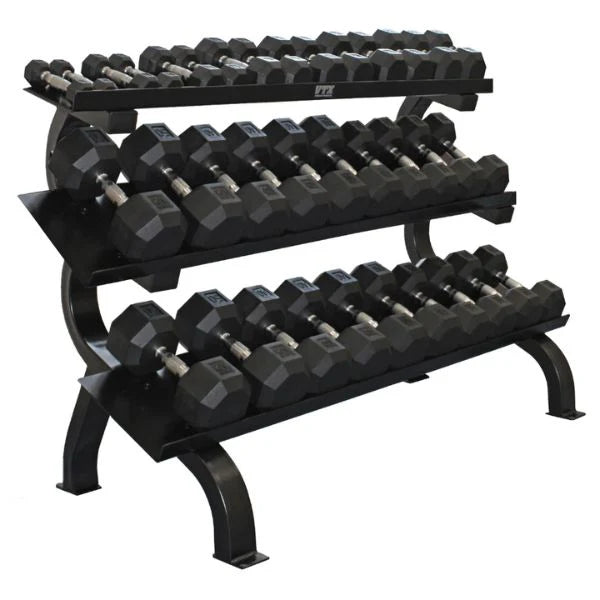 VTX (5-75lbs) 8-Sided Rubber Dumbbell Set with 3 Tier Shelf Rack - VERTPAC-SDR75