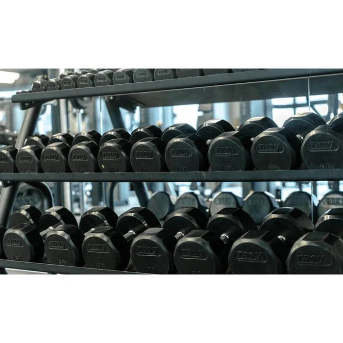 TROY (5-75lbs) Rubber Encased Dumbbell Set with Vertical Storage Rack - VERTPAC-TSDR75