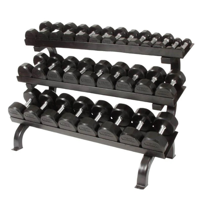 TROY (5-75lbs) Rubber Encased Dumbbell Set with Vertical Storage Rack - VERTPAC-TSDR75