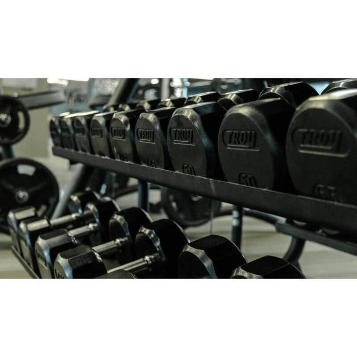 TROY (5-75lbs) Rubber Encased Dumbbell Set with Vertical Storage Rack - VERTPAC-TSDR75