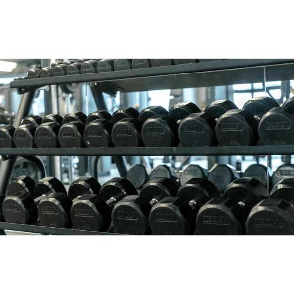 Troy Barbell 5-75lbs 12-Sided Rubber Dumbbell Set with 3-Tier Rack