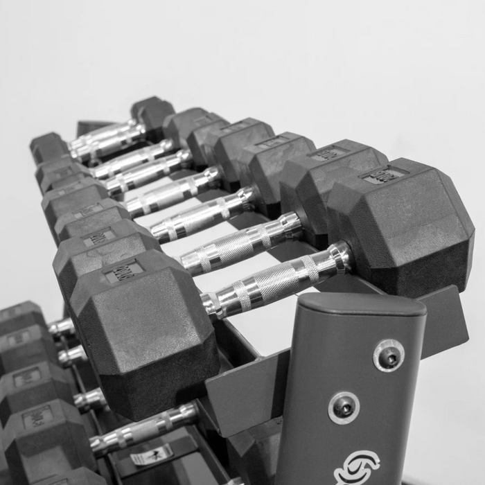 BodyKore 5-50 LB Rubber Hex Dumbbell Sets w/ G241 Rack