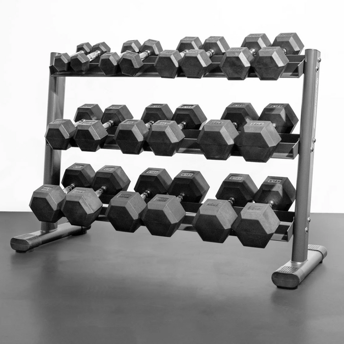 BodyKore 5-50 LB Rubber Hex Dumbbell Sets w/ G241 Rack