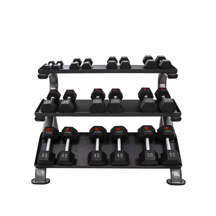 TKO Rubber Hex Dumbbell Set with 3-Tier Horizontal Rack - S890-SXRE15