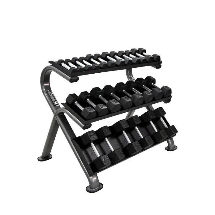 TKO 5-75lb urethane hex tri-grip handle dumbbells w/ Horizontal DB Rack - S890-TXUE15