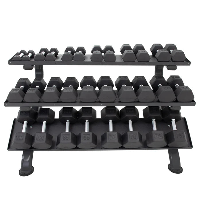 TKO 5-75lb urethane hex tri-grip handle dumbbells w/ Horizontal DB Rack - S890-TXUE15